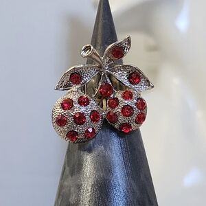 Silver Red Crystal Cherry Stretchy Ring